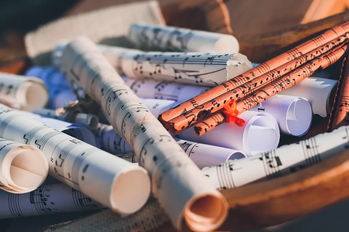 sheet music, music notes, scrolls, rolled paper, vintage, artistic, composition, melody, creative, classical music, musical background, music lover, inspiration