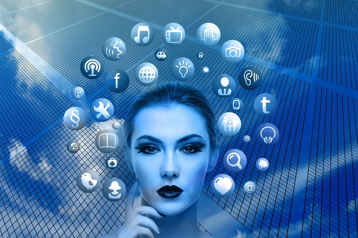 woman, face, social media, thoughts, head, applications, nature, apps, social media applications, icons, circle, tree, networks, internet, social, social networ