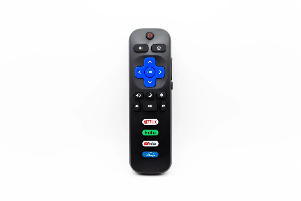 Universal remote control featuring buttons for Netflix, Hulu, YouTube, and Disney+.